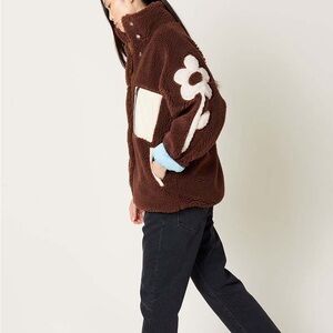 Sandy Liang Brown and Cream Zip Up Sweater